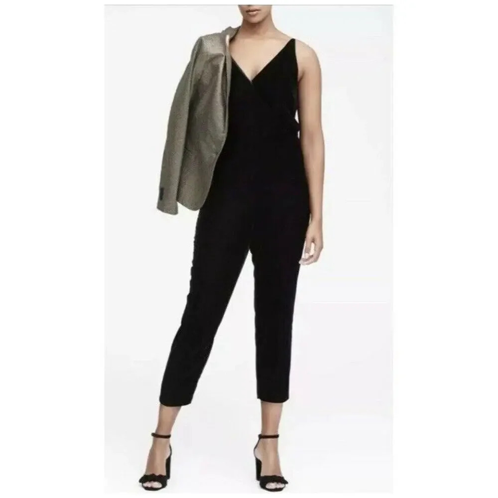 Banana Republic Women's Size 4 Black Strappy Velvet Jumpsuit V-Neck Straight Leg